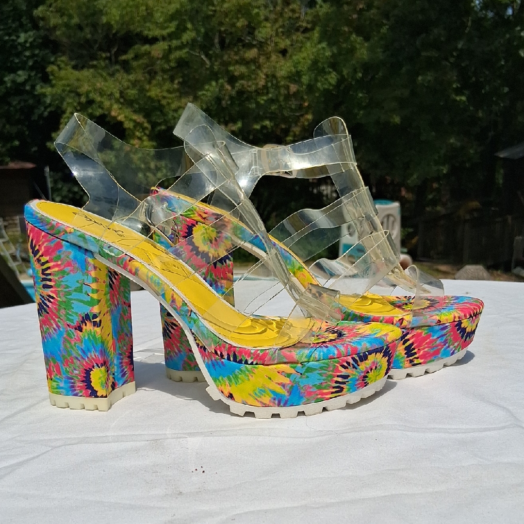 Colorful Tie-Dye Platform Heels, Clear Top, Boho, 2" Platform, 5" Heel, Sz 8